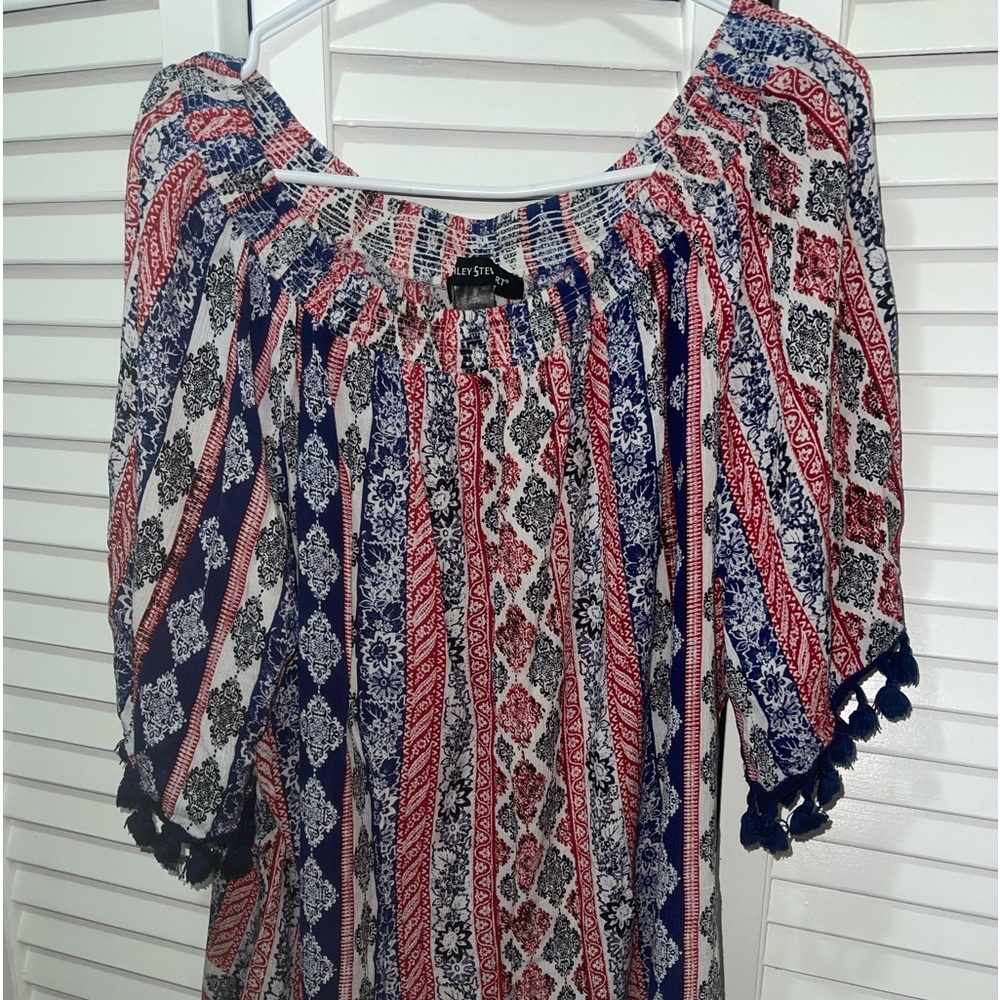 Red, white, and blue casual blouse with tassles